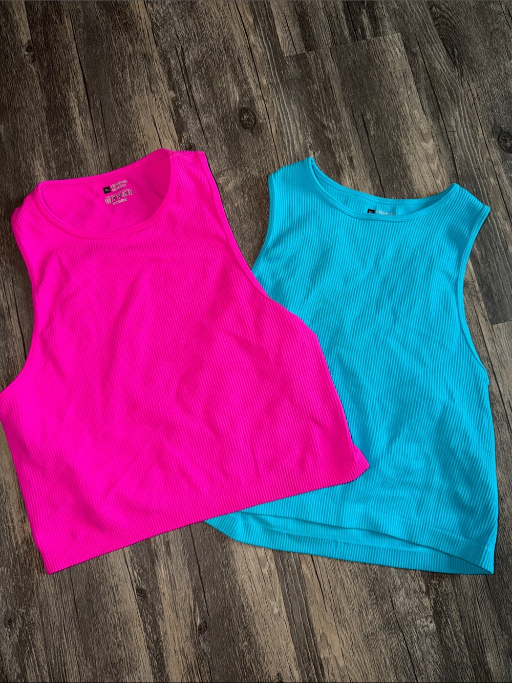Women’s Slightly Cropped Ribbed Tank Top - Neon Pink & Blue